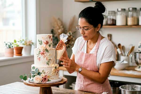 Alejandra Vega, fundadora y pastelera creativa de Alessweet Bakery, decorando una torta personalizada en Lima